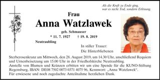 Traueranzeige Anna Watzlawek