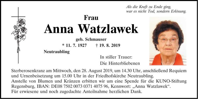 Traueranzeige Anna Watzlawek