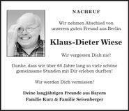 Traueranzeige Kaus-Dieter Wiese