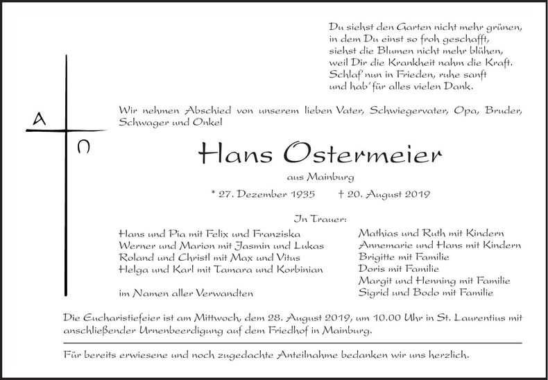 Traueranzeige Hans Ostermeier