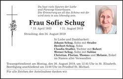 Traueranzeige Sofie Schug
