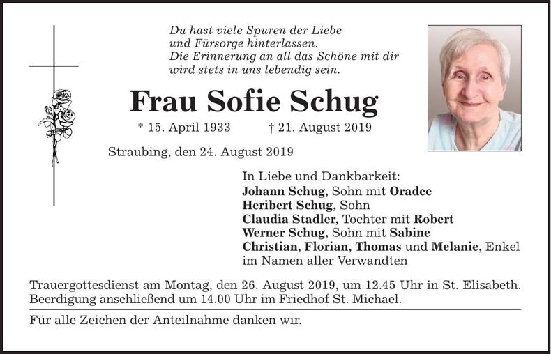 Traueranzeige Sofie Schug