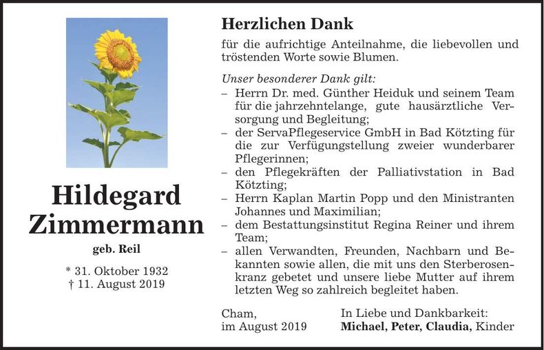 Traueranzeige Hildegard Zimmermann