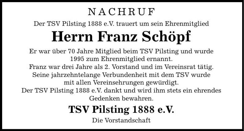 Traueranzeige Franz Schöpf