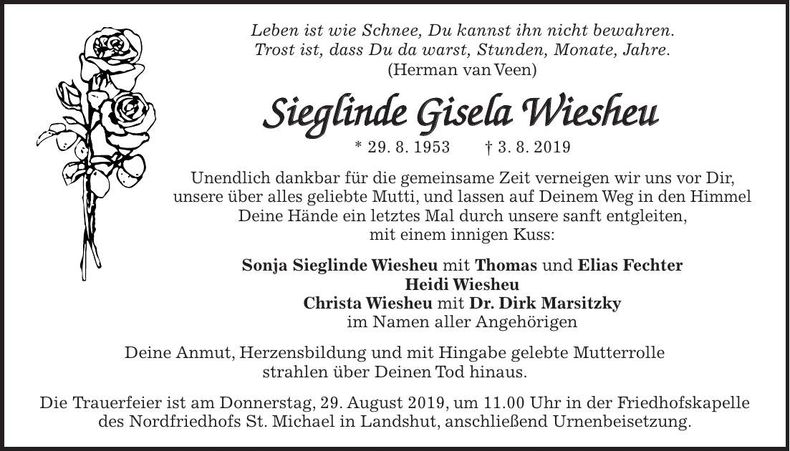 Traueranzeige Sieglinde Wiesheu
