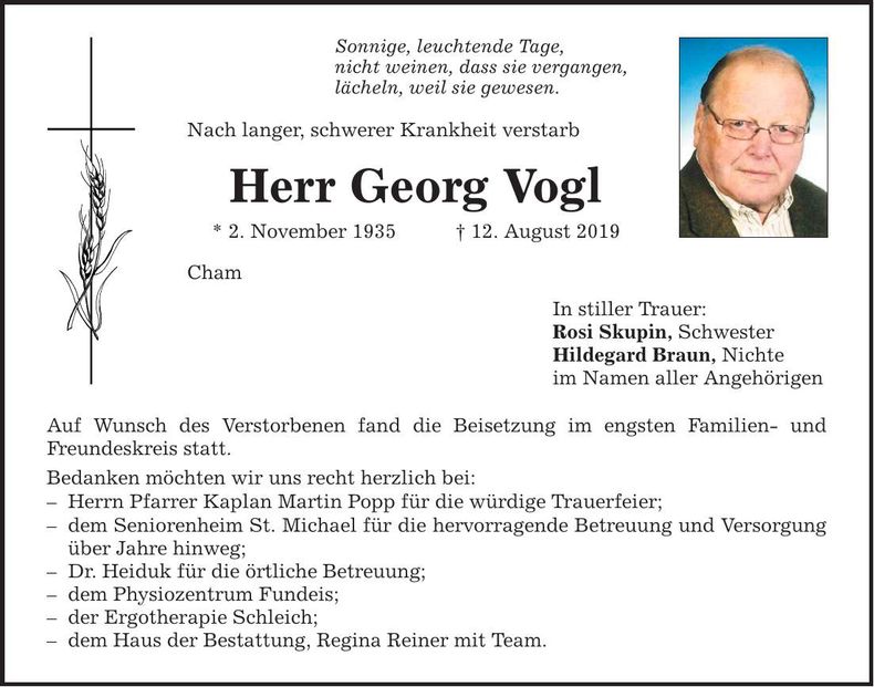 Traueranzeige Georg Vogl