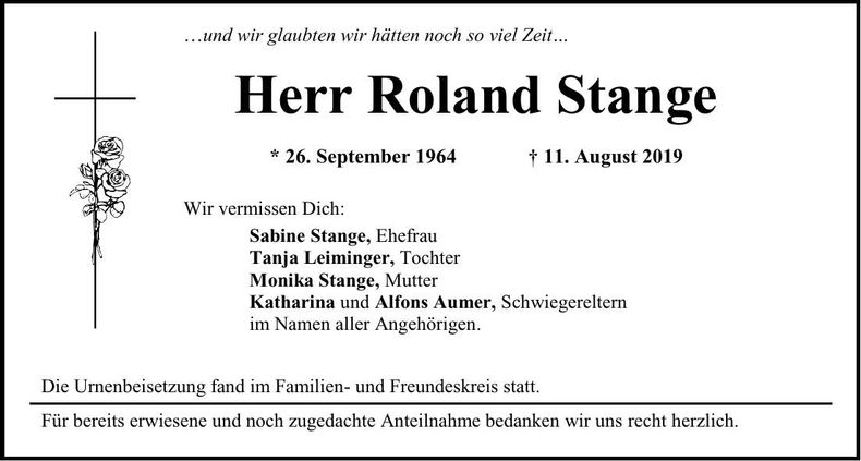 Traueranzeige Roland Stange