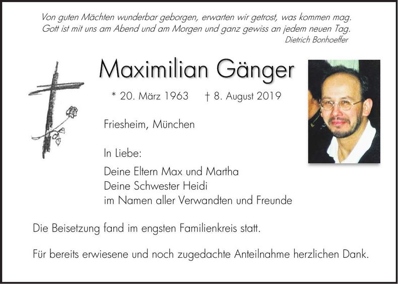 Traueranzeige Maximilian Gänger