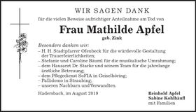 Traueranzeige Mathilde Apfel