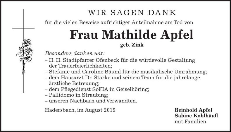 Traueranzeige Mathilde Apfel