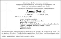 Traueranzeige Anna Gottal