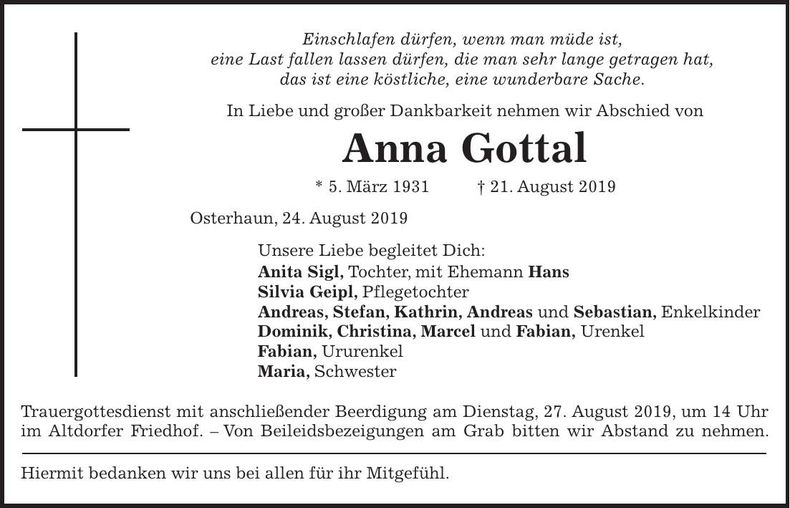 Traueranzeige Anna Gottal