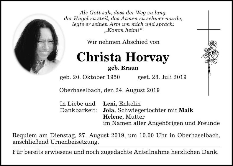 Traueranzeige Christa Horvay