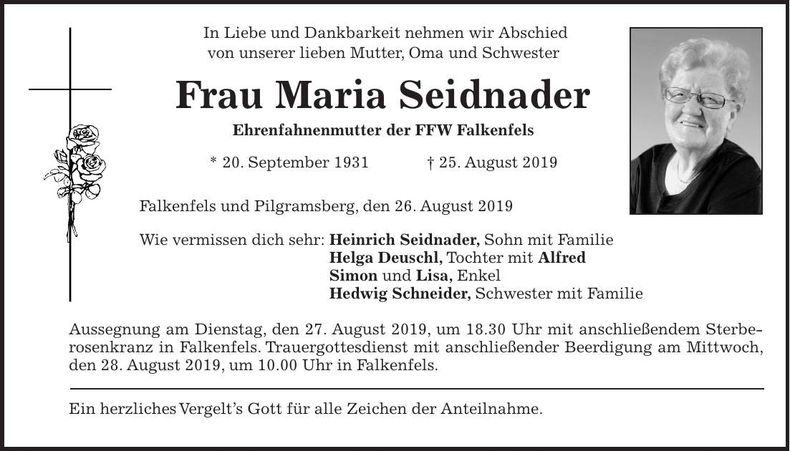 Traueranzeige Maria Seidnader