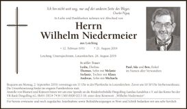 Traueranzeige Wilhelm Niedermeier