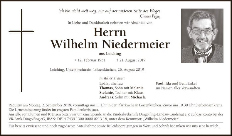 Traueranzeige Wilhelm Niedermeier