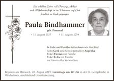 Traueranzeige Paula Bindhammer