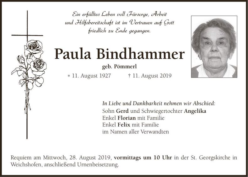 Traueranzeige Paula Bindhammer
