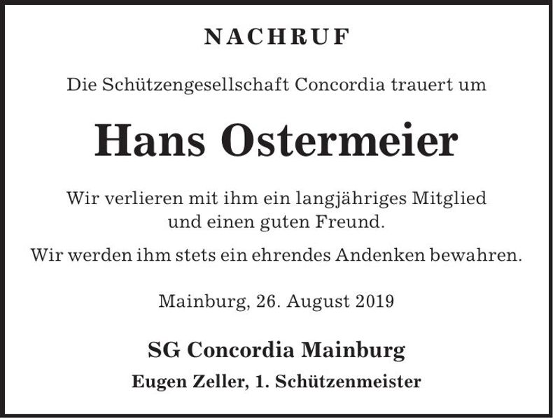 Traueranzeige Hans Ostermeier