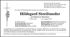 Traueranzeige Hildegard Streifeneder