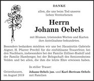 Traueranzeige Johann Oebels