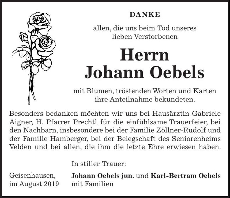 Traueranzeige Johann Oebels