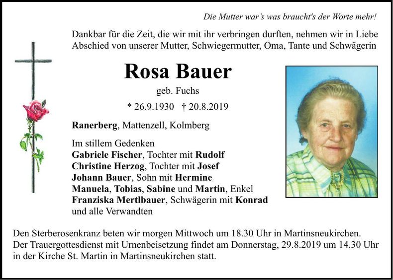 Traueranzeige Rosa Bauer