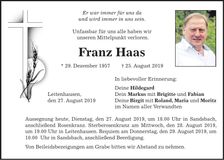 Traueranzeige Franz Haas