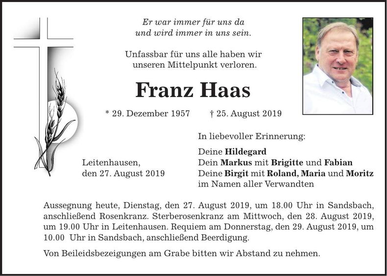 Traueranzeige Franz Haas