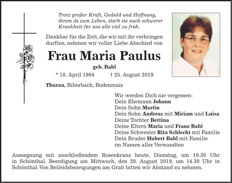 Traueranzeige Maria Paulus