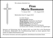 Traueranzeige Maria Baumann