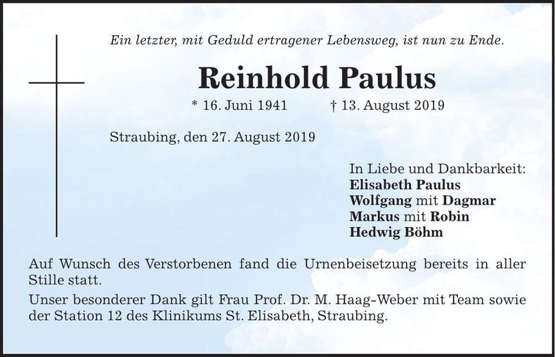 Traueranzeige Reinhold Paulus