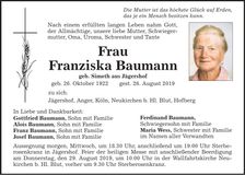 Traueranzeige Franziska Baumann