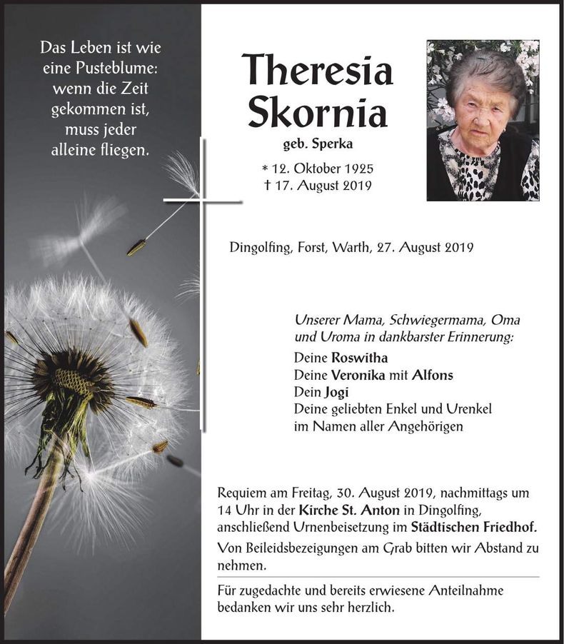 Traueranzeige Theresia Skornia