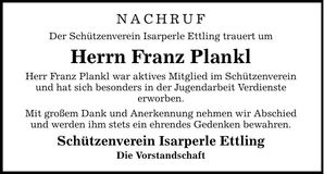 Traueranzeige Franz Plankl