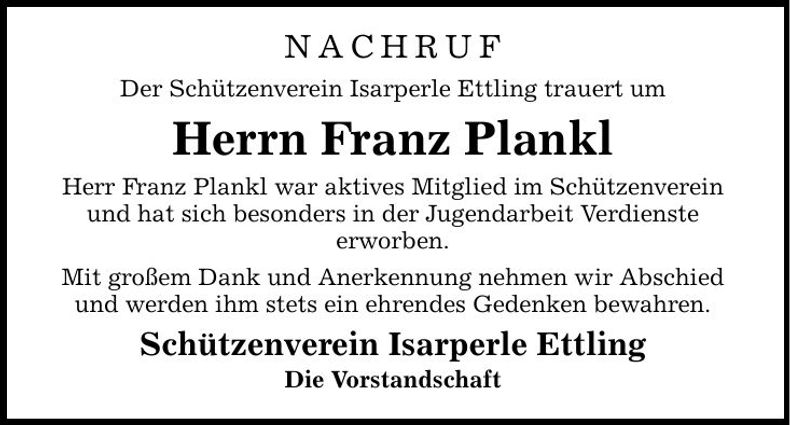 Traueranzeige Franz Plankl