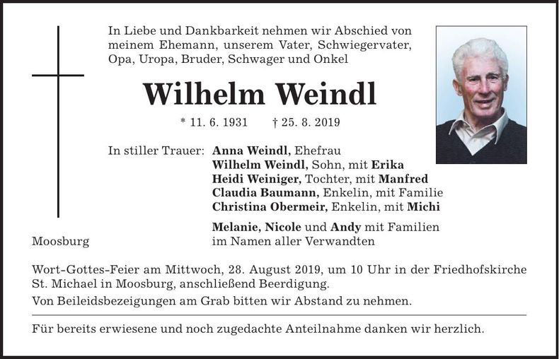 Traueranzeige Wilhelm Weindl