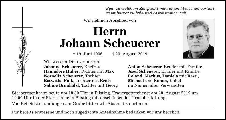Traueranzeige Johann Scheuerer