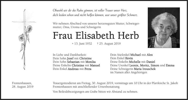 Traueranzeige Elisabeth Herb