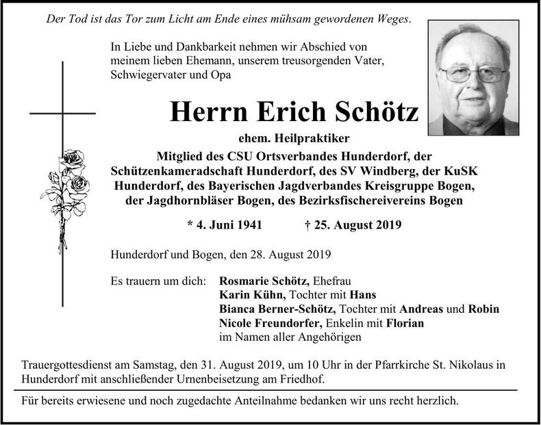 Traueranzeige Erich Schötz