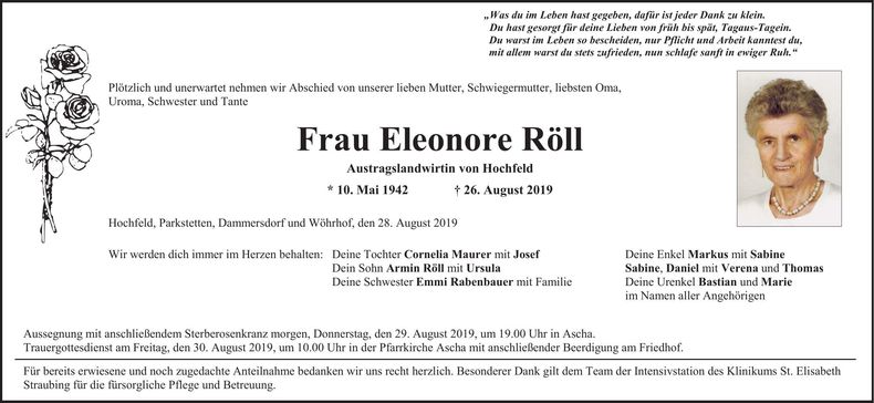 Traueranzeige Eleonore Röll
