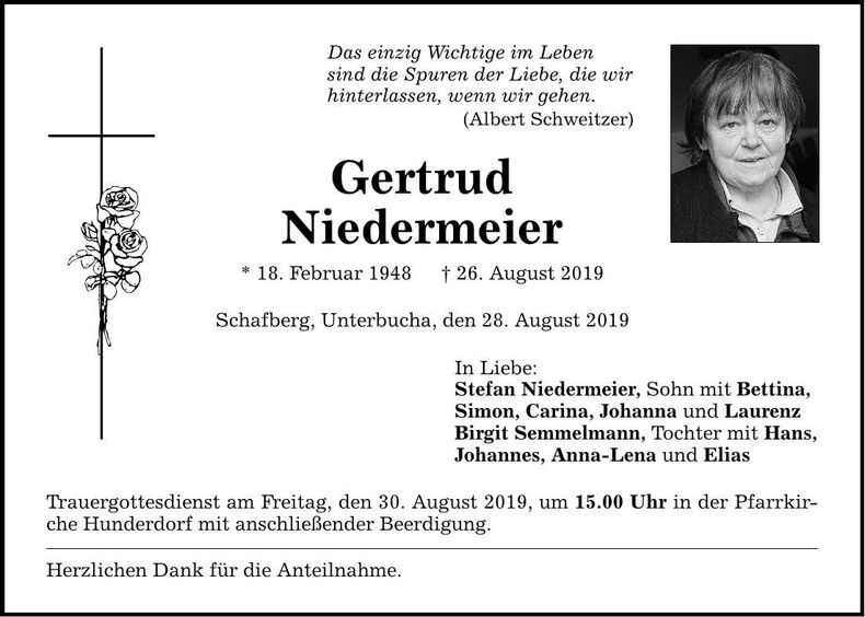 Traueranzeige Gertrud Niedermeier