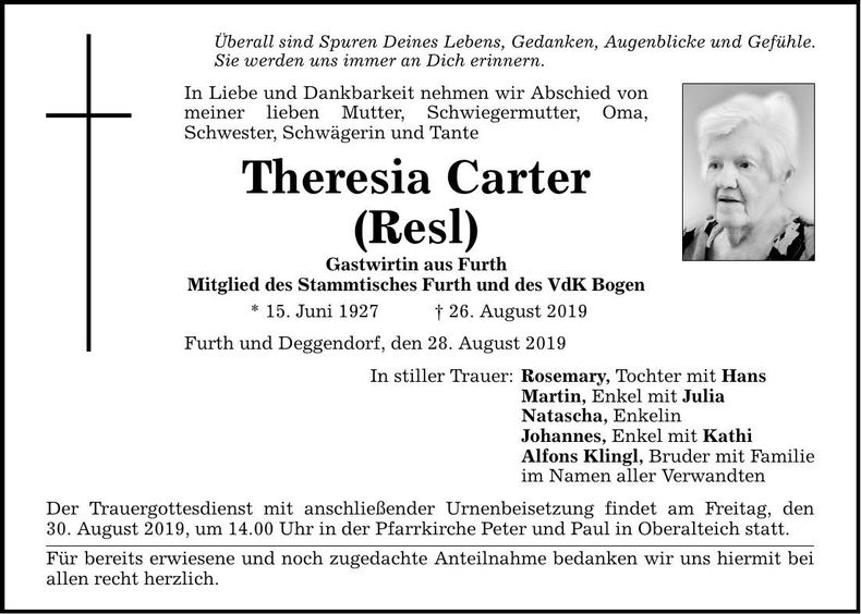 Traueranzeige Theresia Carter