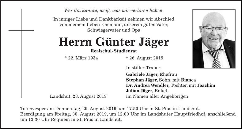 Traueranzeige Günter Jäger