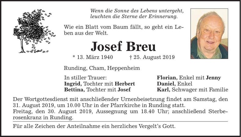 Traueranzeige Josef Breu