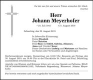 Traueranzeige Johann Meyerhofer