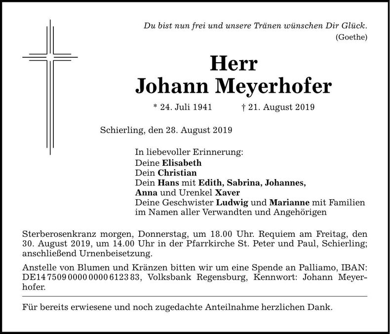 Traueranzeige Johann Meyerhofer