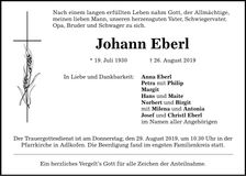 Traueranzeige Johann Eberl