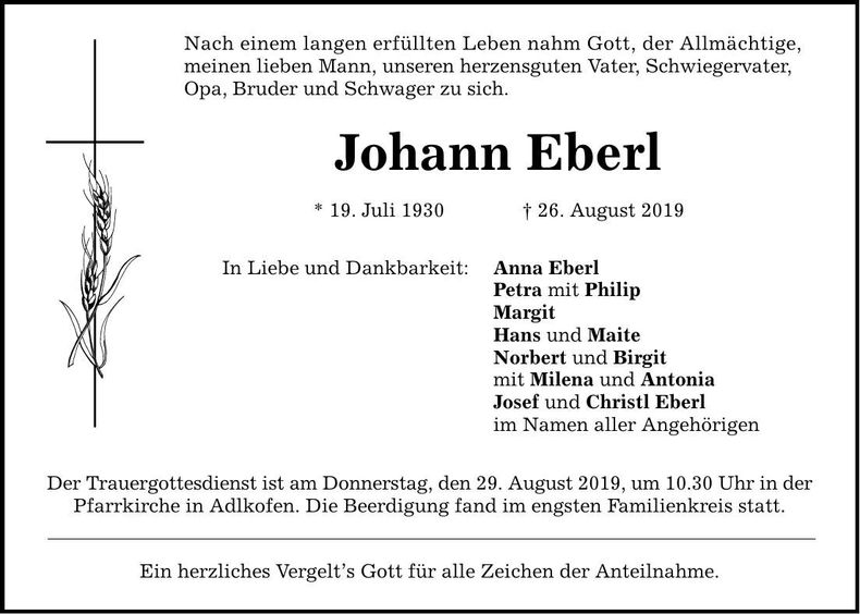 Traueranzeige Johann Eberl