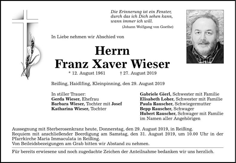Traueranzeige Franz Xaver Wieser